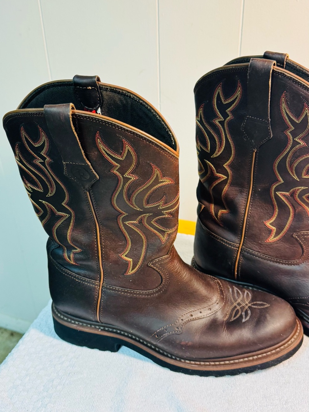 Men's Brown Leather Western Work Boots - Embroidered Shaft - Picture 7 of 11